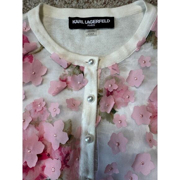 NWT - Karl Lagerfeld sweater, Small; 3D Floral Cropped white & Pink Cardigan - Picture 5 of 8